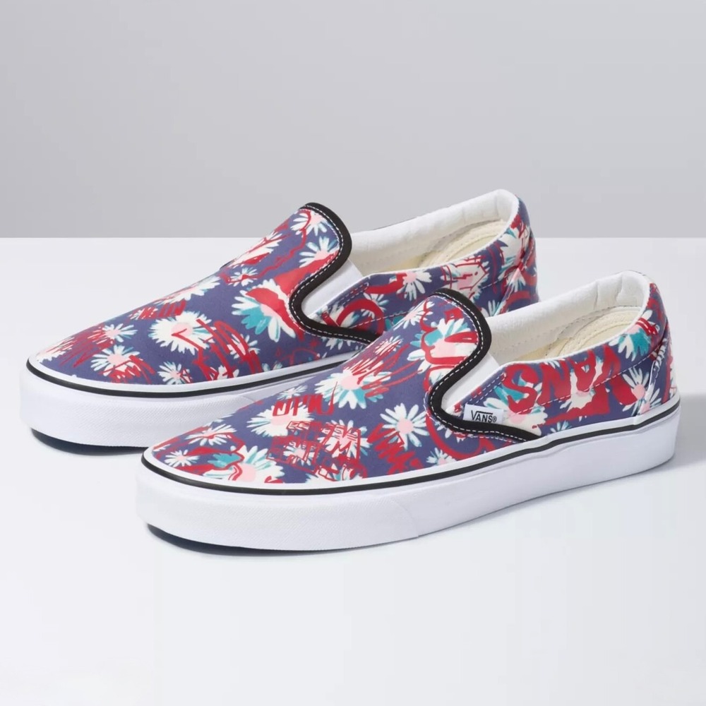 Vans Women's Floral Slip-On Shoes - Red and Blue